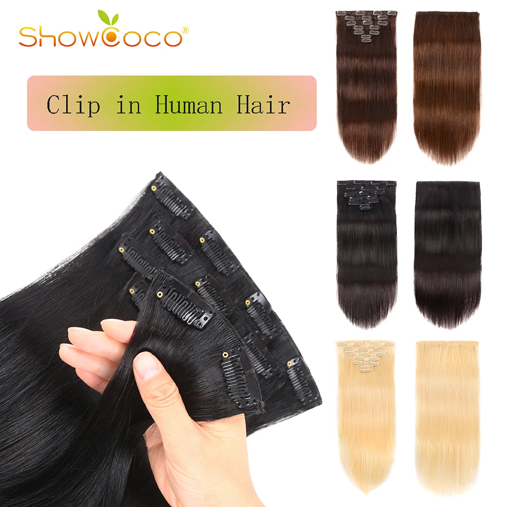 

Clip In Hair Extensions 7 Pieces Set Full Head Remy Human Hair Clips Silky Straight 70g 16 Clips Showcoco Hair Extension