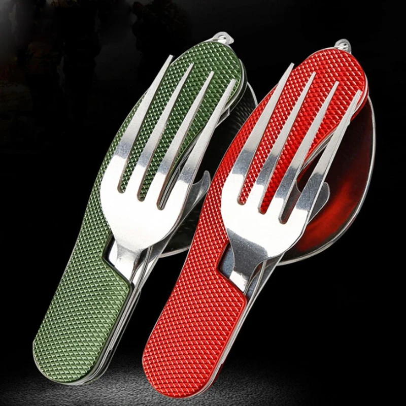 Multifunción Picnic vajilla de acero inoxidable portátil al aire libre Camping 4 en 1 cuchara plegable cuchillo de tenedor y abrebotellas comedor conjunto