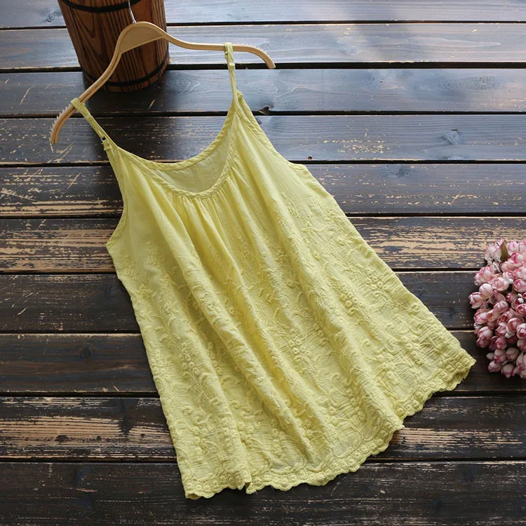 

6074 New Summer Women's Camis Literary Vintage Cotton Embroidery Vest Female Solid Color Sleeveless Tank Tops