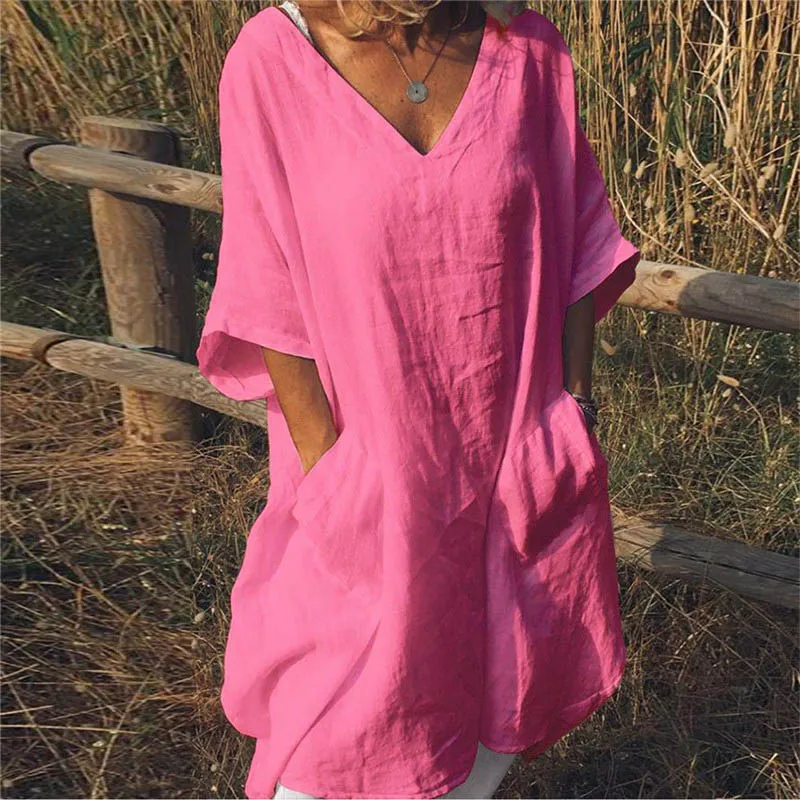ELSVIOS размера плюс, новинка, летнее платье из хлопка, женское сексуальное платье с v-образным вырезом, рукавом до локтя, с карманами, для девушек,, повседневное, одноцветное, свободное платье, 5XL - Цвет: solid pink