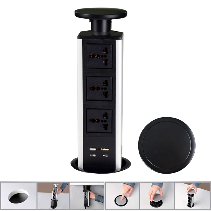 BLACK Pop Up Power Pod 2 TOP USB DATA HUB Ports 3 UK Mains Sockets Worktop Desk 