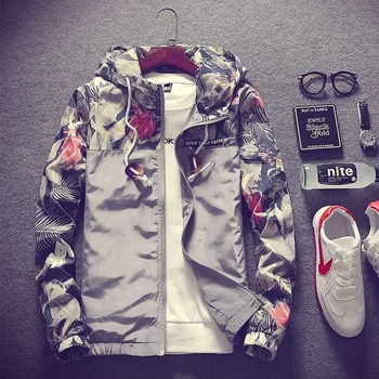 

Plus Size 5XL Teenager Boy Street Cool Floral Print Patchwork With Hat Spring Autumn Men Jacket Outdoor Coat
