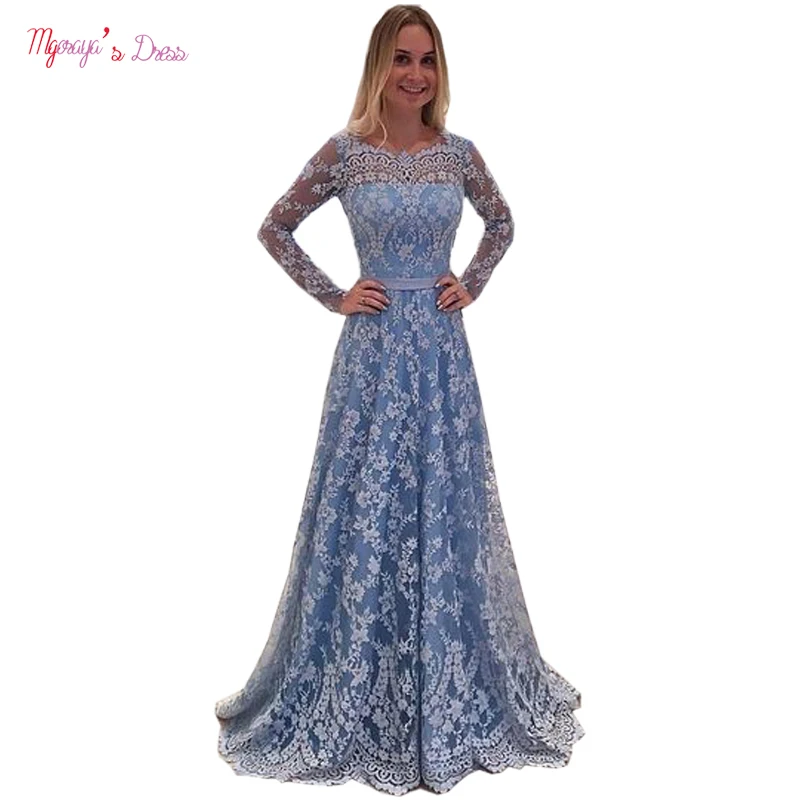 long sleeve blue evening gown