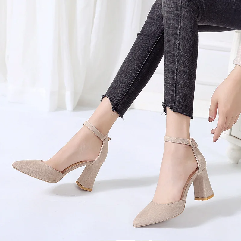 

Shoes Woman 2019 Spring 6cm High Heels Slingbacks Shoes Female Thin High Heels Pint Toe Flock Women Summer Sandals Heels Shoes