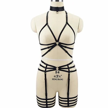 

BODY CAGE Womens Fashion Sexy Halter Harness Lingerie Sets Harajuku Bondage Cage Underwear Goth Fetish Exotic Apparel Rave Wear
