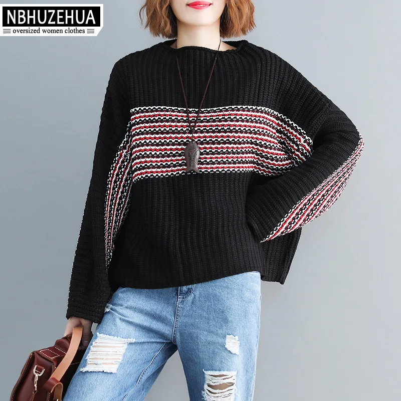 

NBHUZEHUA A439 Streetwear Oversized Sweater Women Autumn Winter Splice Striped Loose Top Femme Plus Size Knitted Sweaters 5XL