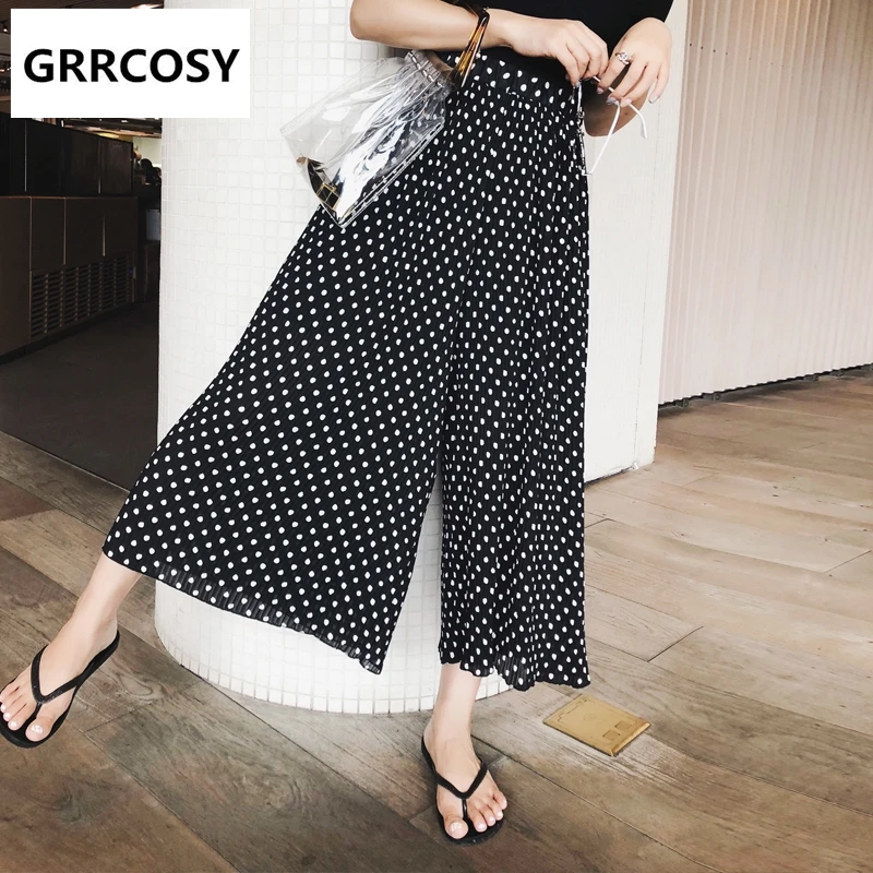 

GRRCOSY Maternity Pants Chiffon Dot Wide Leg Pants Boot Cut Wave Point Loose High Waist Culottes Pregnant Woman Cloth