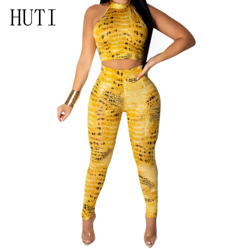 

HUTI 2 Piece Sets Summer Printed Jumpsuit Sleeveless Halter Top and Slim Bodycon Long Pants Elegant Vintage Romper Overalls