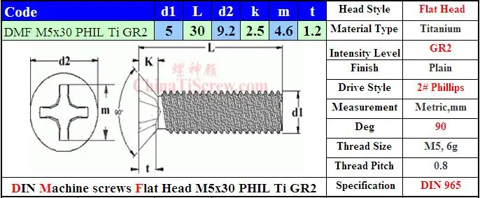 Титановые винты M5x30 DIN 965 плоская головка Philipps драйвер Ti GR2 полированный 10 шт
