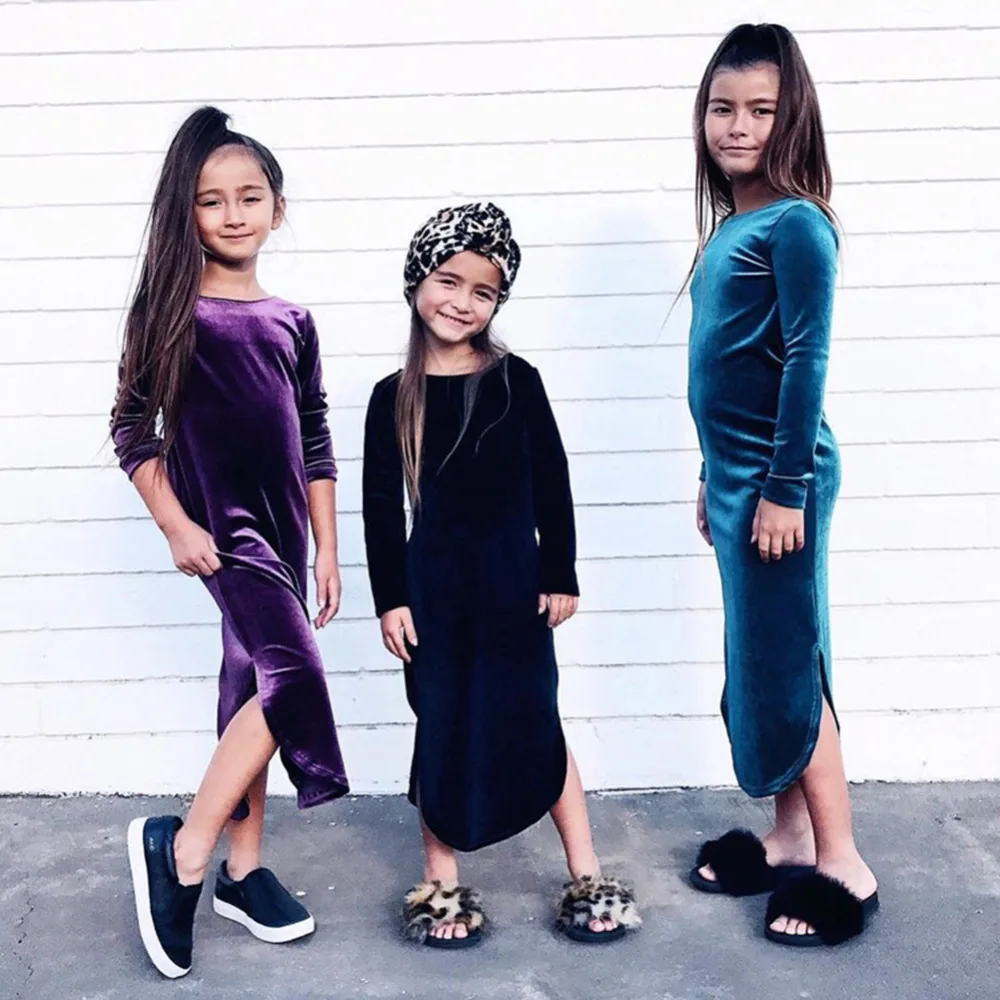 

Baby Kids Pleuche Dress Clothes Pleuche O-Neck Pure Color Split Long Sleeve Casual Dress Children Clothing Kids Clothes Girls
