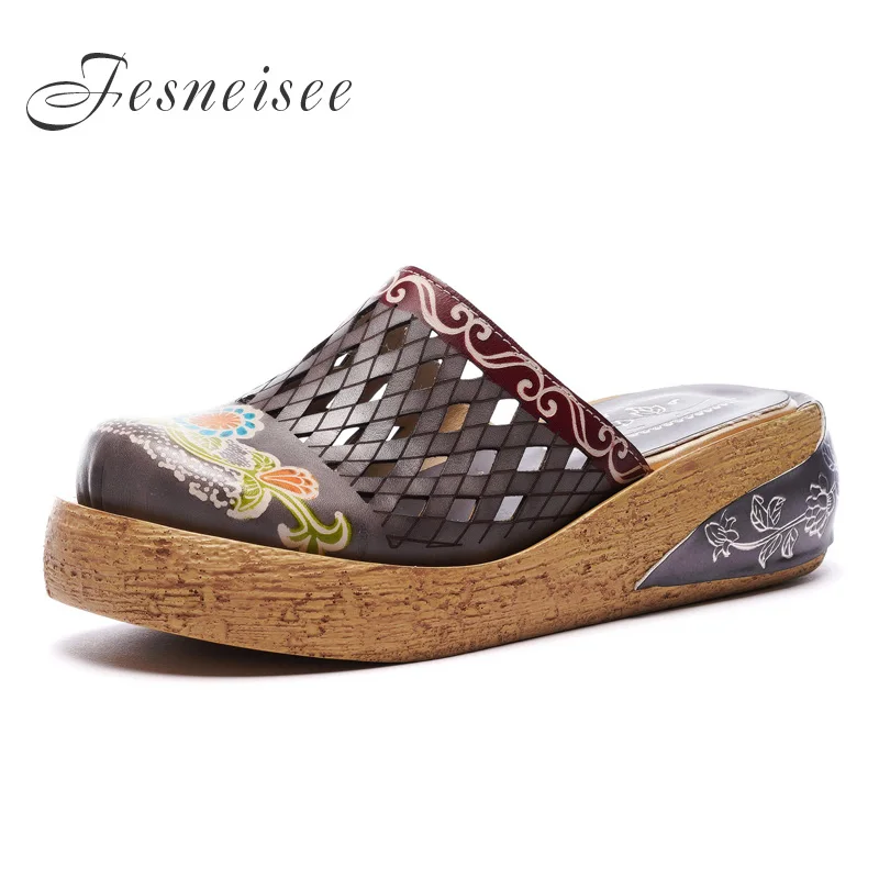 

New Genuine Leather Shoes Hollow Slippers Handmade Slides Flip Flop On The Platform Clogs For Women Woman Slippers Plus Size41