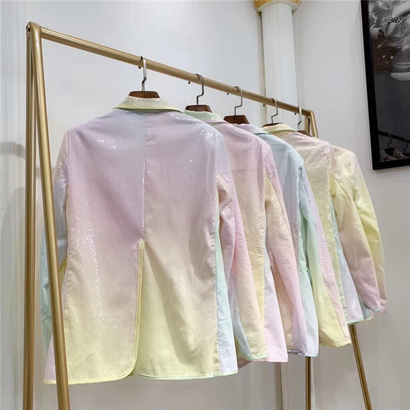 2019 Designer Gradient Sequined Women's Jacket Blazer Single Button Patchwork Female Suit Coat Office Ladies Blazers Mujer