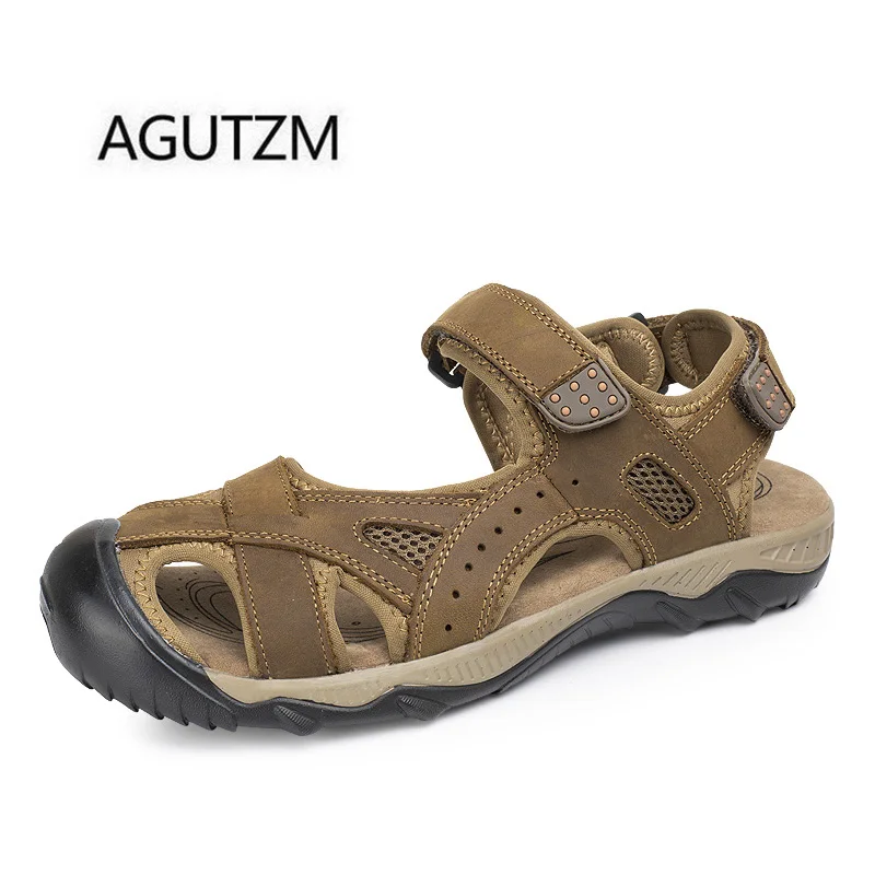 

AGUTZM Brand 2618 Summer Fashion Toe Cap Cover Hook & Loop Genuine Leather Soft Rubber Sole Men's Sandals Plus Size : 38-48