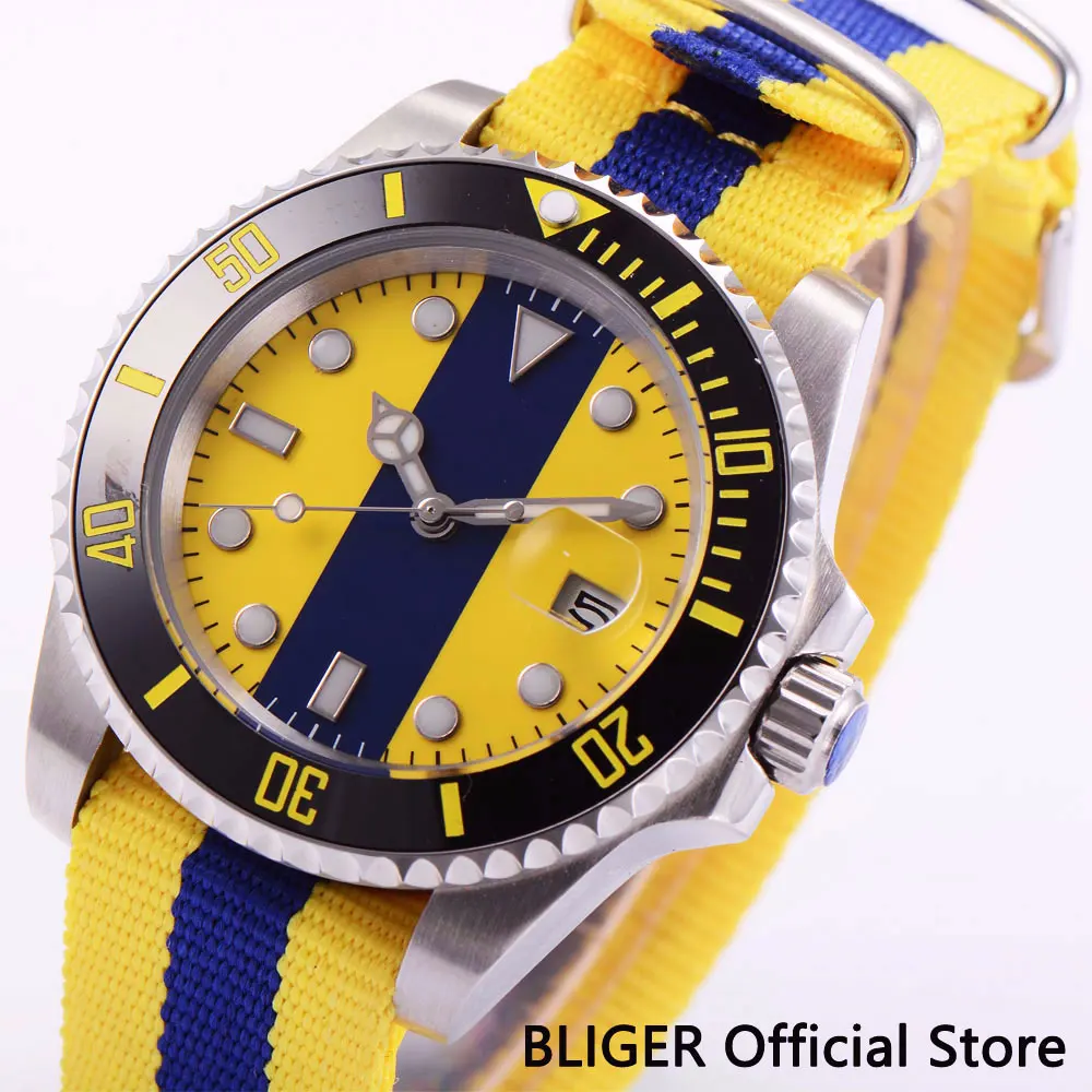 

BLIGER Sapphire Crystal 40MM Blue White Dial Black Ceramic Bezel MIYOTA Automatic Movement Men's Wrist Watch Nylon Strap Watch