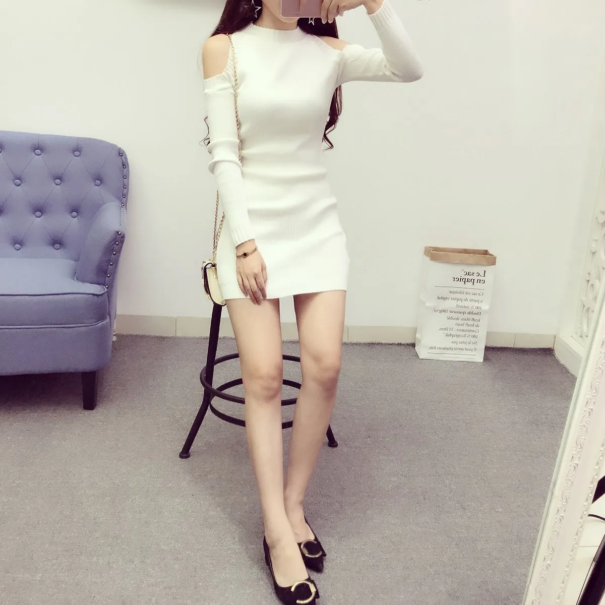 

2018 Autumn Women Long Sleeve Pullover Sweater Sexy Cold Shoulder Knit Dress Slim Elastic Knit Sweater Dresses