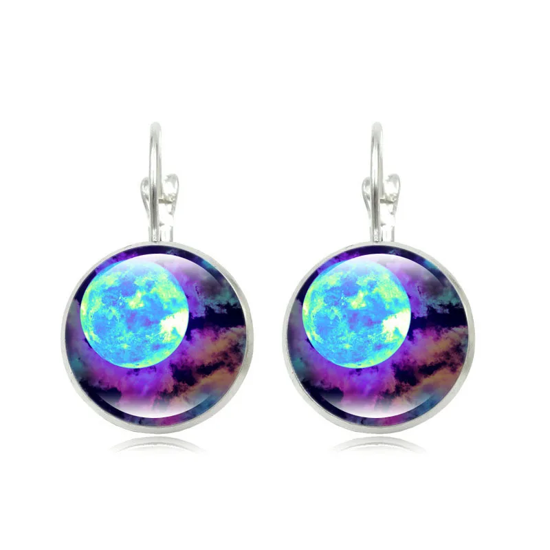 

Galaxy Space Moon Stud Earrings for Women Glass Jewelry Silver Plated French Lever Back Women Earrings Hot Sell
