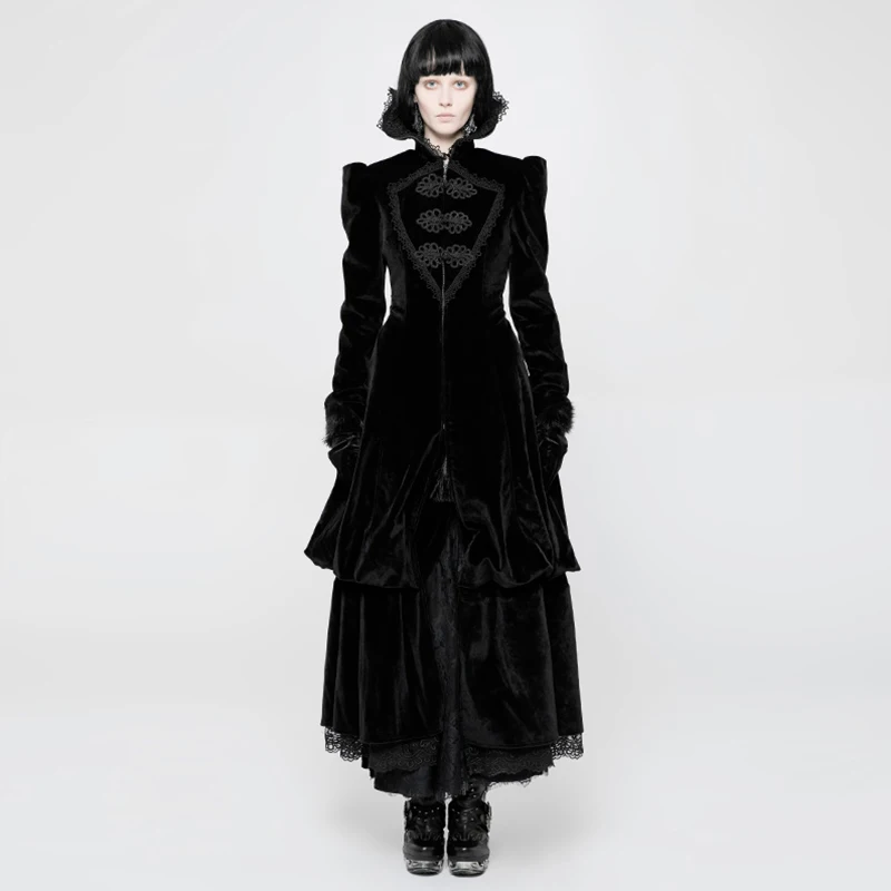 Панк рейв Готический великолепный корт Ретро средней длины женское высококачественное пальто из искусственного кашемира с металлической молнией элегантная одежда - Цвет: Black WY-895LCF