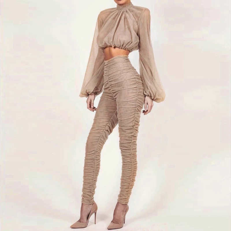 INDRESSME, модный сексуальный костюм с высоким воротом и брюками, комплект с длинным рукавом, сетчатый топ с рюшами, Женский комплект из 2 предметов, облегающие брюки