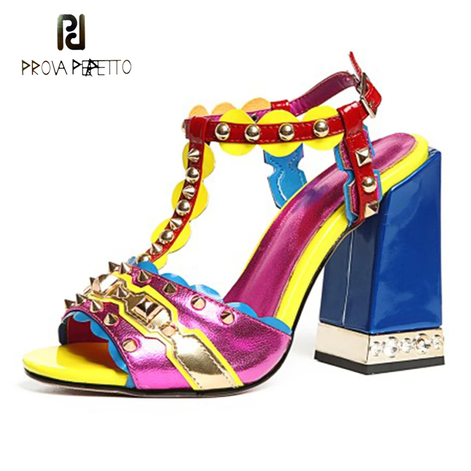 

Prova Perfetto Hot Design multicolor genuine leather women gladiator sandals strap rivets square high heel ladies party sandals