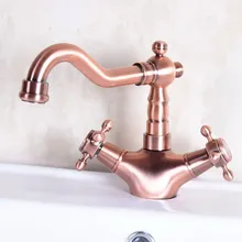 Винтажные красные медные античные латунные двойные крестообразные ручки поворотный Носик Ванная комната раковина смеситель для кухни холодной и горячей смесителя anf256