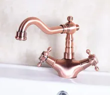 Vintage Red Copper Antique Brass Dual Cross Handles Swivel Spout Bathroom Basin Kitchen Sink Faucet Cold & Hot Mixer Tap anf256
