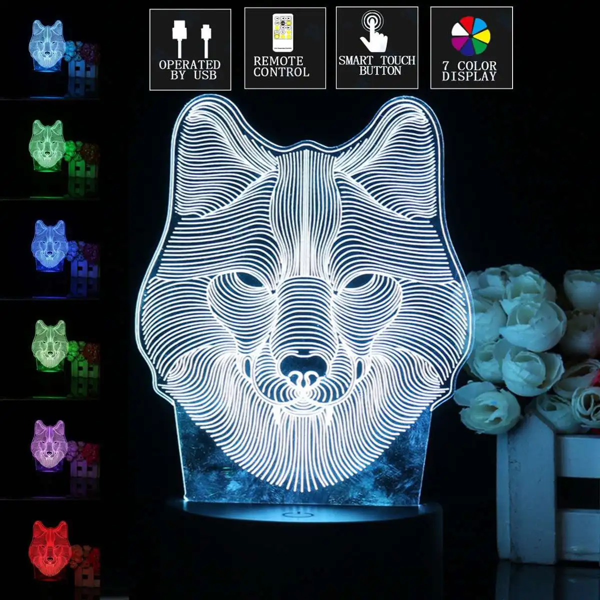 

Wolf Head 3D LED illusion Night Light 7 Color Changing Touch Desk Lamp With Remote Control