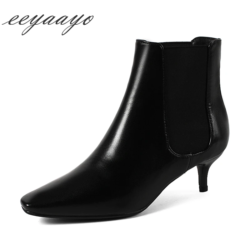 

2018 New Genuine Leather Women Ankle Boots Kitten Heels Square Toe Slip-On Sexy Ladies Women Shoes Black Cow Leather Boots