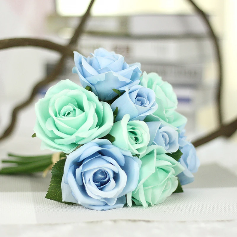 Красочные розы 6 шт голова+ 3 шт бутон Свадебный букет невесты шелковый декоративный цветок декор розы P20 - Цвет: 8