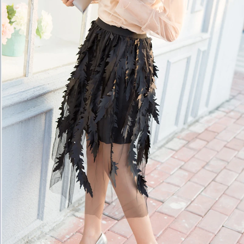 

2019 Summer Long Tulle Skirt Women Pleated Shiny Tutu Skirt A-line Mesh Feather Skirts Female Black Gray