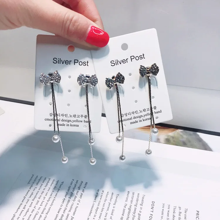 bow pearl tassel long earring 925 silver post Hypoallergenic fadeless fashion jewelry stud earrings for women girl gift