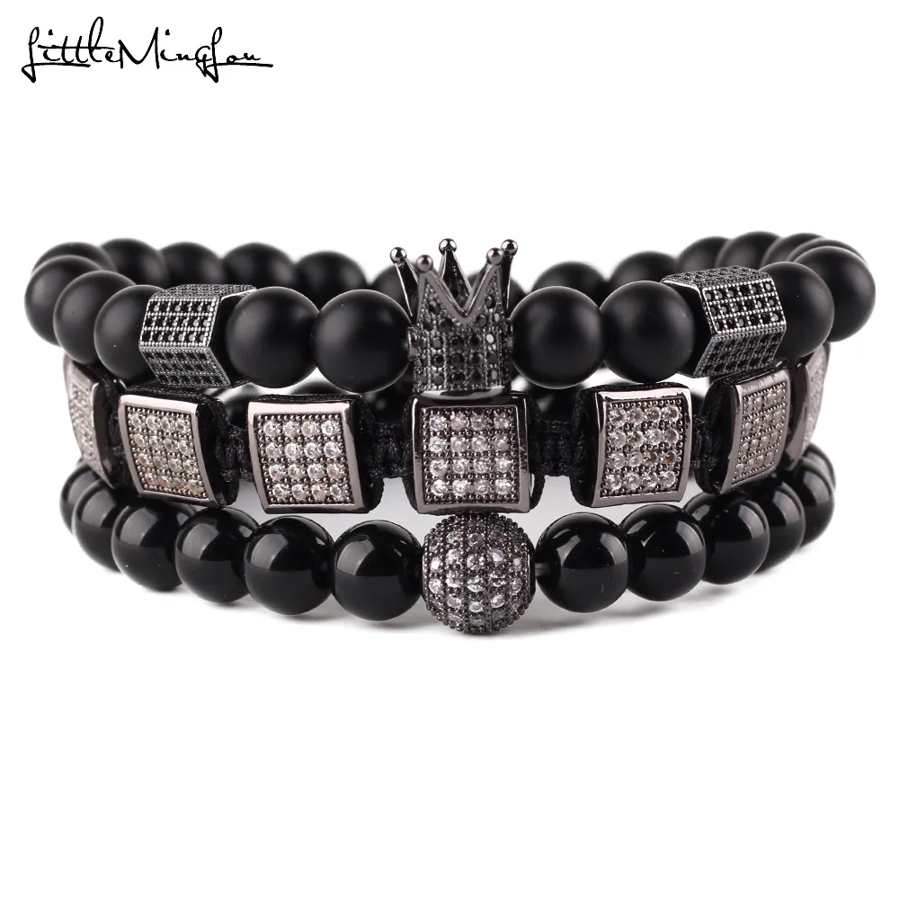 3pcs/set Natural Stone Beads Men Bracelet Set CZ Copper Square Braiding Hexagon Crown Ball Charms Bracelets & Bangles Jewelry