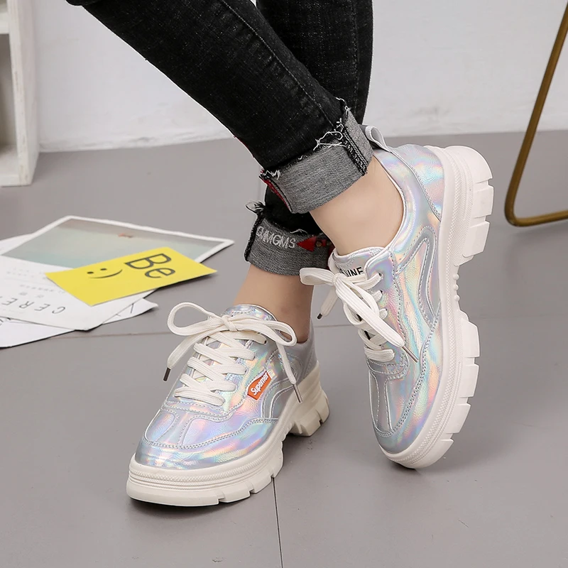 

2019 Spring New Women Shoes Chunky Sneakers Harajuku Casual Dad Shoes Platform Sneakers Patent Leather White Sneakers