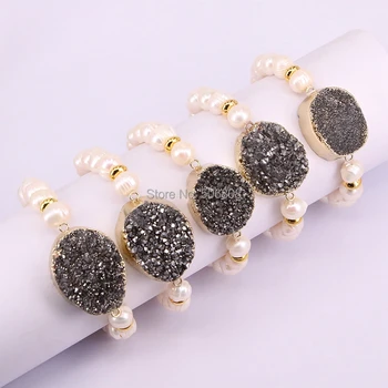 

5PCS ZYZ184-9042 Freshwater Pearl Beads Bracelet Freedom Shape Titanium Quartz Stone Connector Bracelet for Women