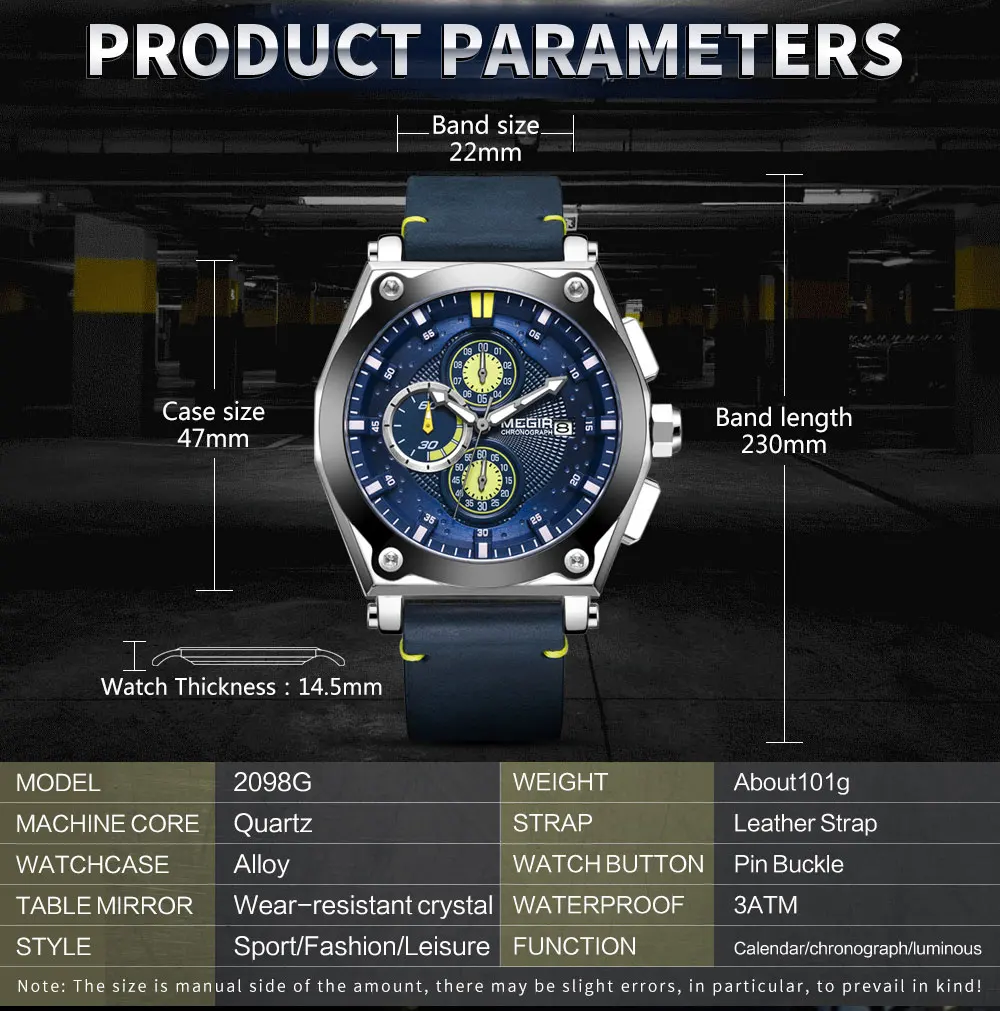Megir Мужские кварцевые часы с кожаным ремешком, армейские спортивные Водонепроницаемые наручные часы с хронографом для мужчин, светящиеся часы Relogios, 2098 синий цвет
