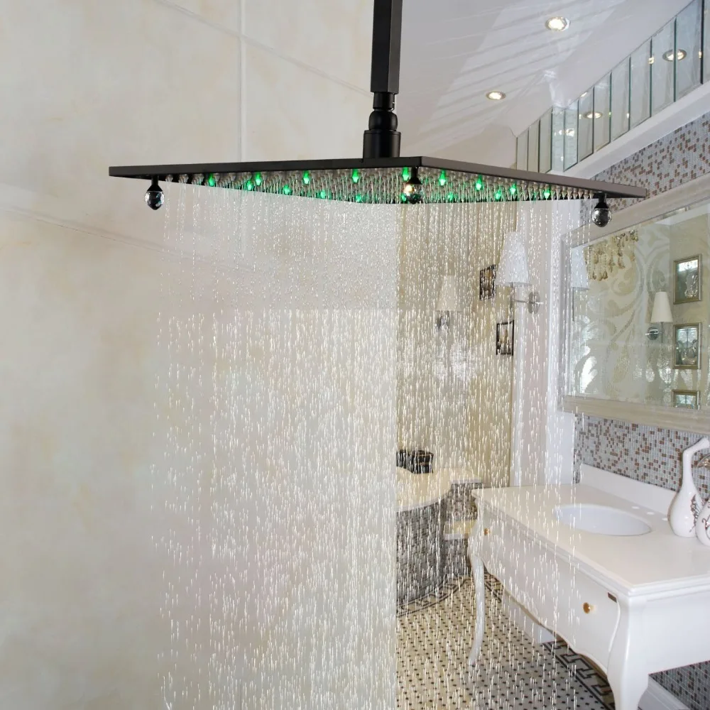 

Bathroom 16 Inch Rainfall Shower Head Square Overhead Spray with LED Light Crystal Style Oil Rubbed Bronze