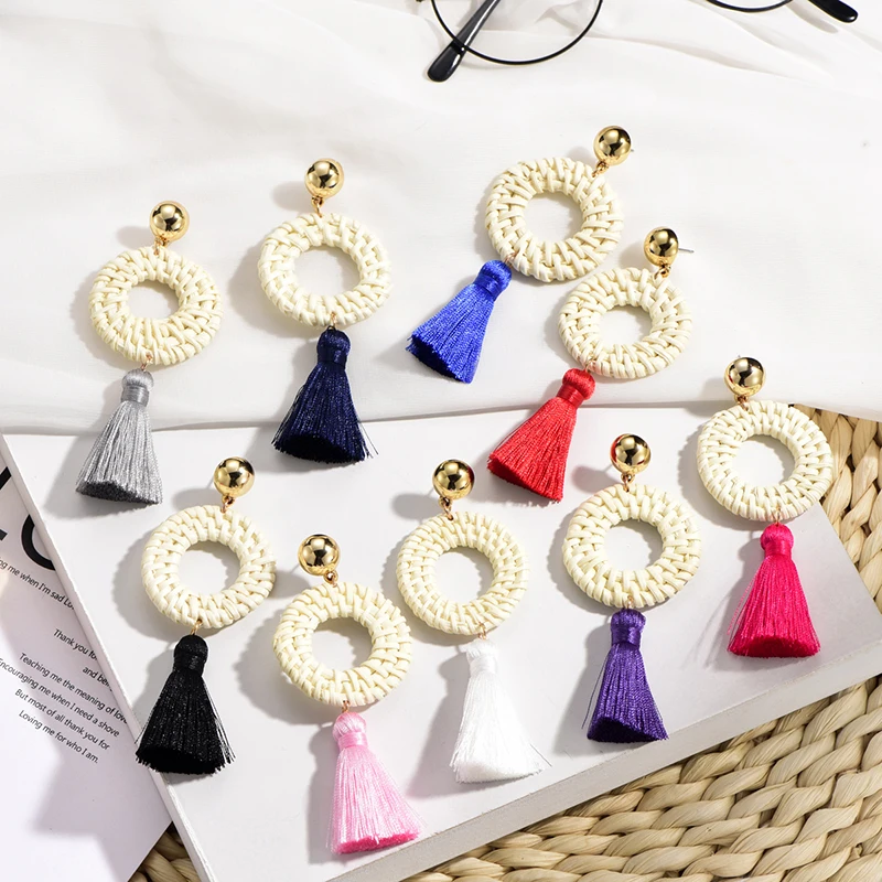 

Rattan Earrings for Women Handmade Jewelry Straw Wicker Braid Tassel Drop Dangle Earings Lightweight Geometric Statement Earring