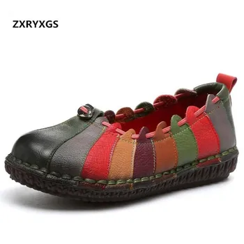 

Original Handmade Spell Color Genuine Leather Shoes Woman 2020 Spring Retro Casual Flat Shoes Elegant Women Flats Fashion Shoes