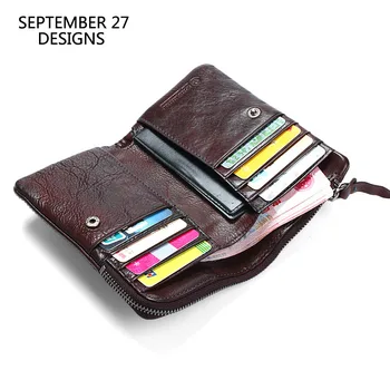 

Genuine Leather Men Wallets Retro Handmade Male Short Bifold Clutch Wallet Top Cowhide Vintage Zipper Hasp Men Credit Card Purse