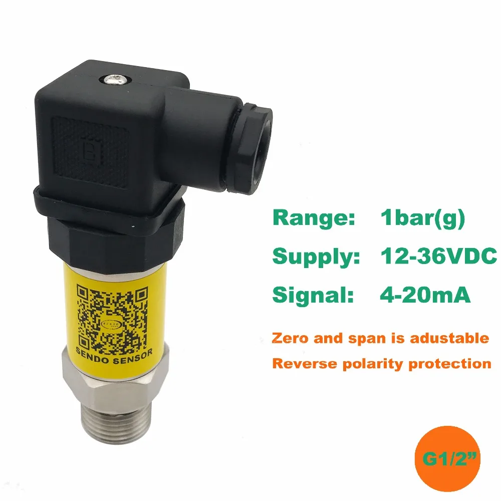 

4-20mA sensor pressure transmitter, 2 wire current, 100kpa/1bar/15psi/0.1mpa gauge, din 43650 + g1 2 in male thread connector