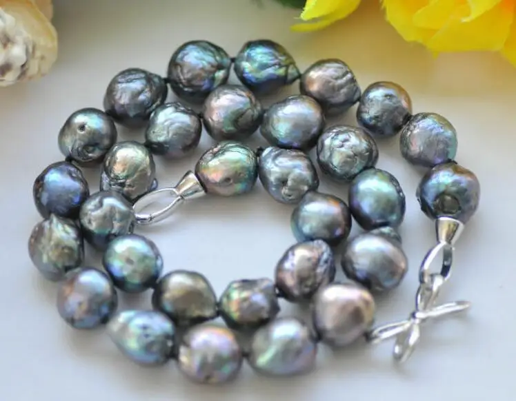 

11-13mm natural baroque Tahitian black blue pearl necklace 18" 35"