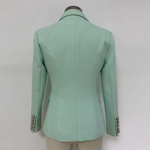 HIGH STREET Classic Baroque Designer Blazer Jacket Women's Metal Lion Buttons Double Breasted Textured Blazer Mint Green 3