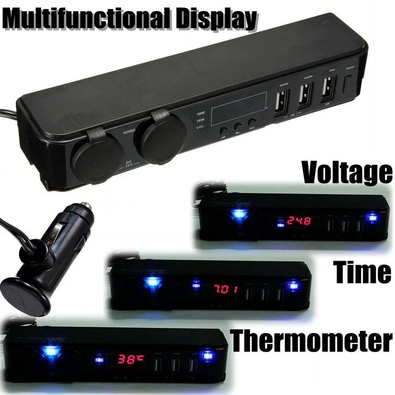 

Universal Auto 12V/24V USB Volt Charger Car Cigarette Lighter Temperature Multifunctional 3 USB Charger Digital LED Volt Clock
