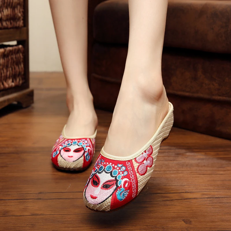 2016 summer new China Beijing Opera Facial Masks embroidery classic fashion women slippers shoes free shipping