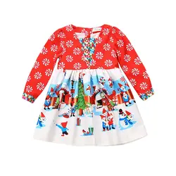Новый малышей Одежда для детей; малышей; девочек цветочный Рождественская Фигурка Санта, Снеговик Одежда с длинным рукавом платье-пачка