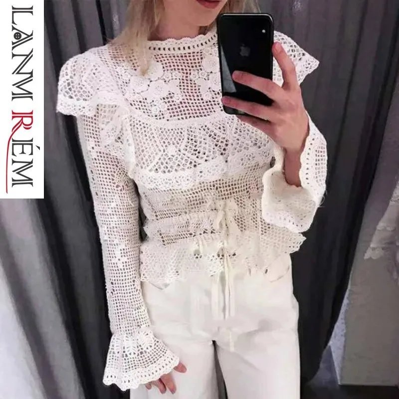 

LANMREM 2020 Woman Spring summer Lace Patchwork Hollow Out Long Flare Sleeve Round Collar Shirt Female Fashion Loose Tops TA864