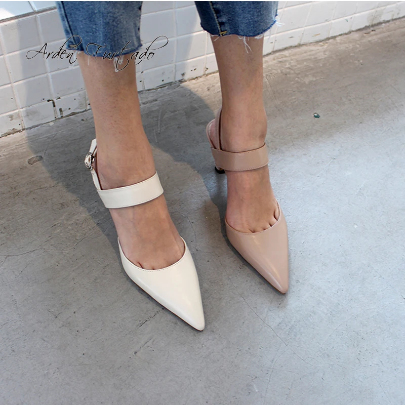 

Arden Furtado 2019 summer high heels stilettos pointed toe sandals mules buckle strap genuine leather singback shoes ladies shoe