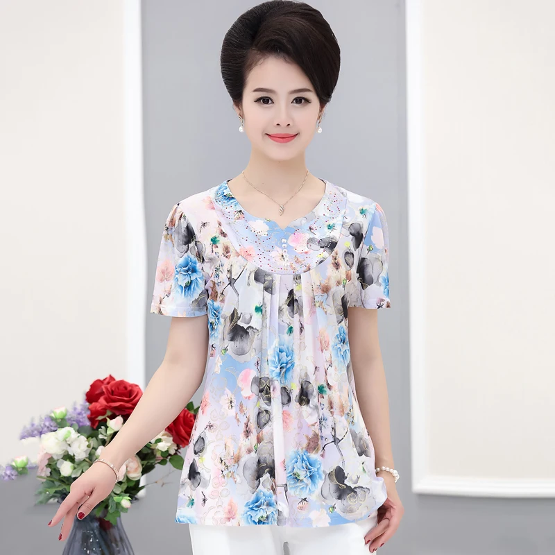 

Short Sleeve Fashion Mother Clothing Women's Summer Top Large Plus Size T-shirt Bottoning Shirt 4XL Casual Loose Floral Pullover