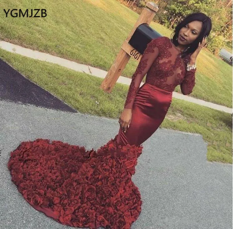 

Backless Mermaid Prom Dress Burgundy Long Sleeves Flowers Lace Sexy African Black Girls Formal Evening Party Gown Robe De Soiree