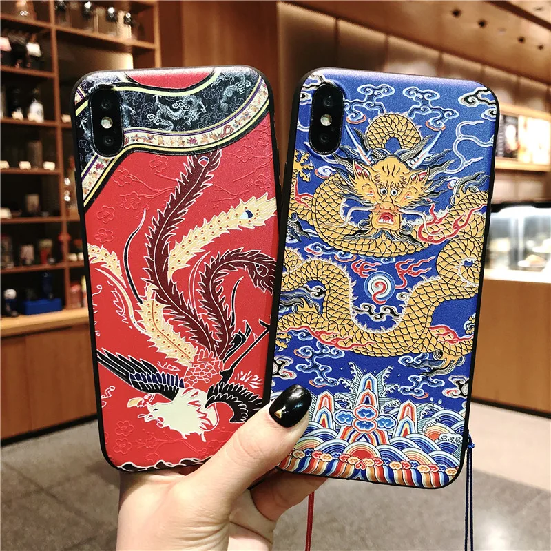 

Luxury Chinese court wind dragon phoenix cheongsam embossed tassel phone case for iPhone X XS XR XS Max 5S 6 6S 7 8 Plus coque