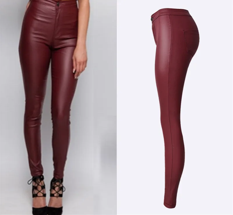 С высокой талией винно-красный искусственная кожа джинсы локомотив размера плюс обтягивающие узкие кожаные брюки Полная длина модные тонкие кожаные джинсы